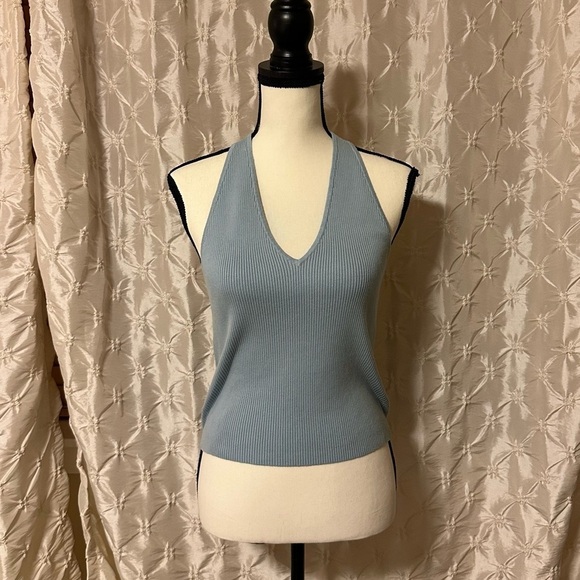 Reformation Carol Cotton Sweater Tank Ribbed Halter Crop Top Mineral Blue - Picture 12 of 13
